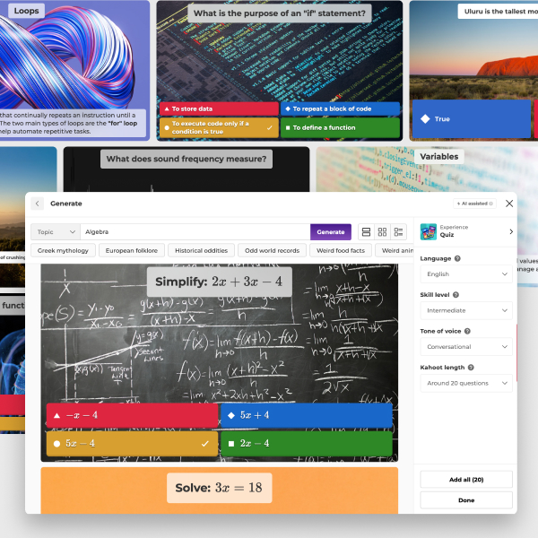 A digital interface showing an AI-assisted question generator. The foreground window shows an algebra problem being simplified over a chalkboard background. Behind it are various presentation slides covering topics like "Loops" in coding, "if" statements, "Uluru," and "Sound frequency."