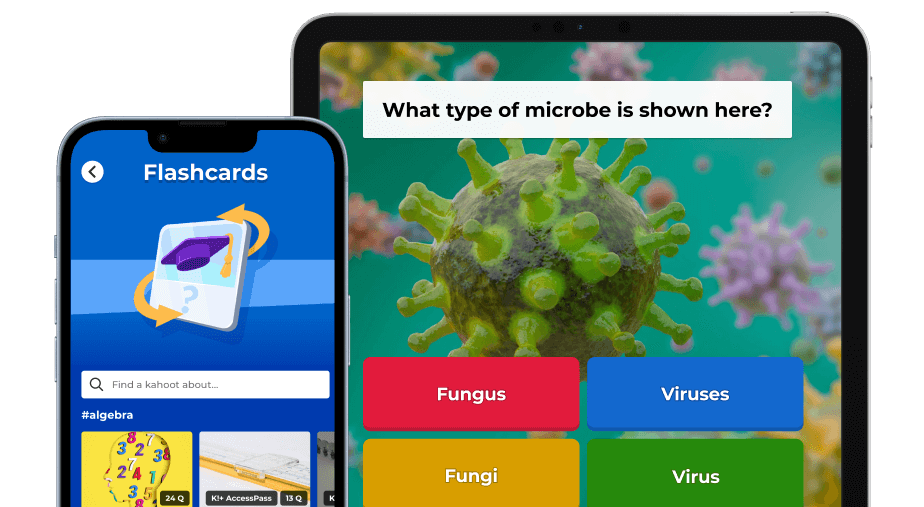 Mobile phone and tablet displaying educational content: a phone shows the Flashcards feature, and the tablet displays a science quiz question about a virus microbe.