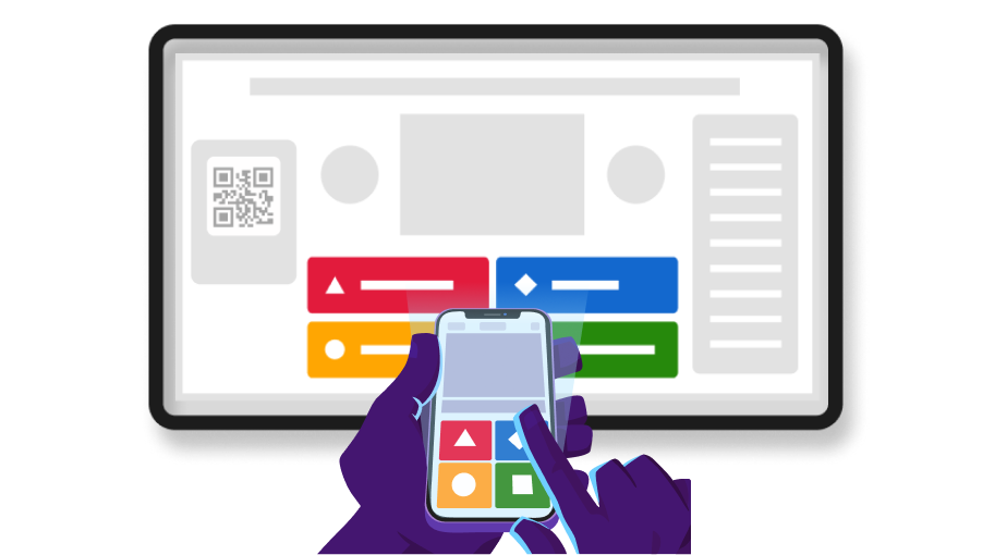 Illustration of hands using a mobile phone to participate in a quiz, matching the colored shapes (red triangle, blue diamond, yellow circle, green square) displayed on a larger screen.